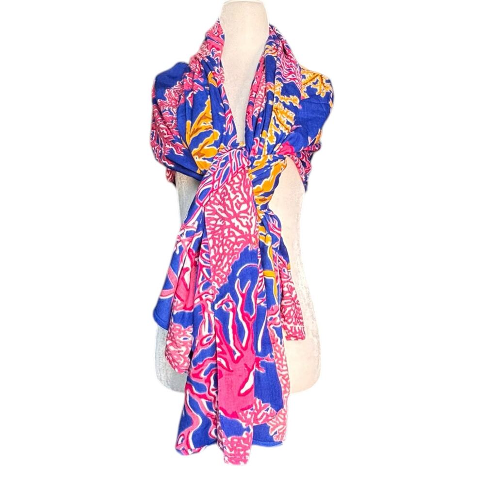 Tropical Coral Print Scarf Blue Pink Yellow‎ Rayon Lightweight Wrap Shawl Beach